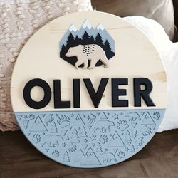 Outdoor Mountain Bear Nursery Name Sign | Hardwood | 3D Carving | Personalized Sign